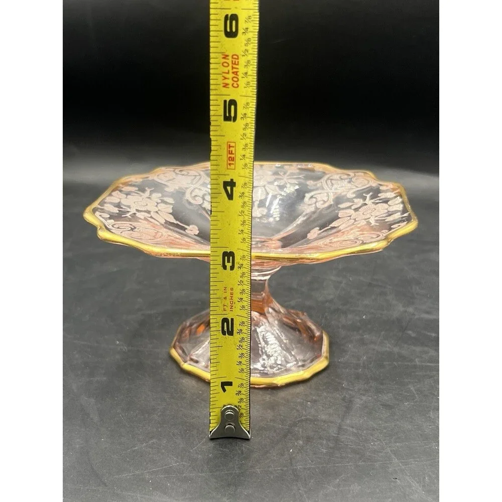 Cambridge Apple Blossom #744 Peach Blo Pink Footed Compote Gold Trim 5.25”